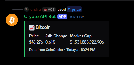 Price bot replying to the /price command with a live crypto price