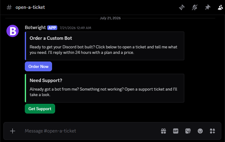 Ticket bot order panel in Discord